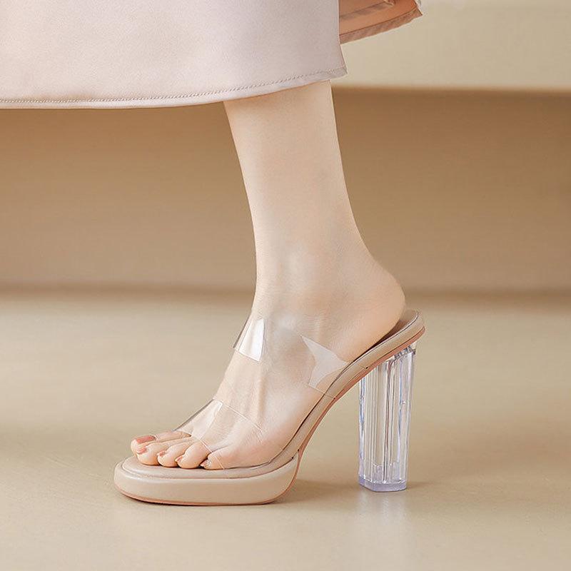 2025 summer new waterproof table transparent high heels women's thick heel nude versatile sandals with sandals