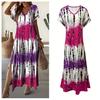 Women Summer Dress V-Neck Short Sleeve Side Slit Design Maxi Dress Tie Dye Print