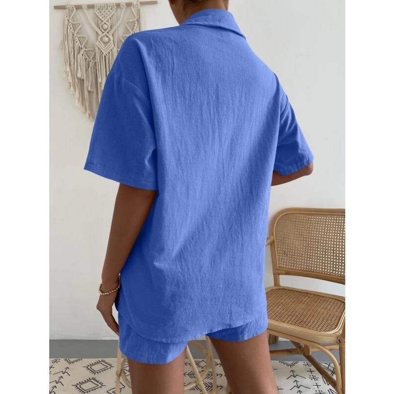 Cotton and Linen Fashion Set, Solid-color Pocket Patch Off-the-shoulder Shirt and Shorts, Solid-color Short-sleeved Shirt