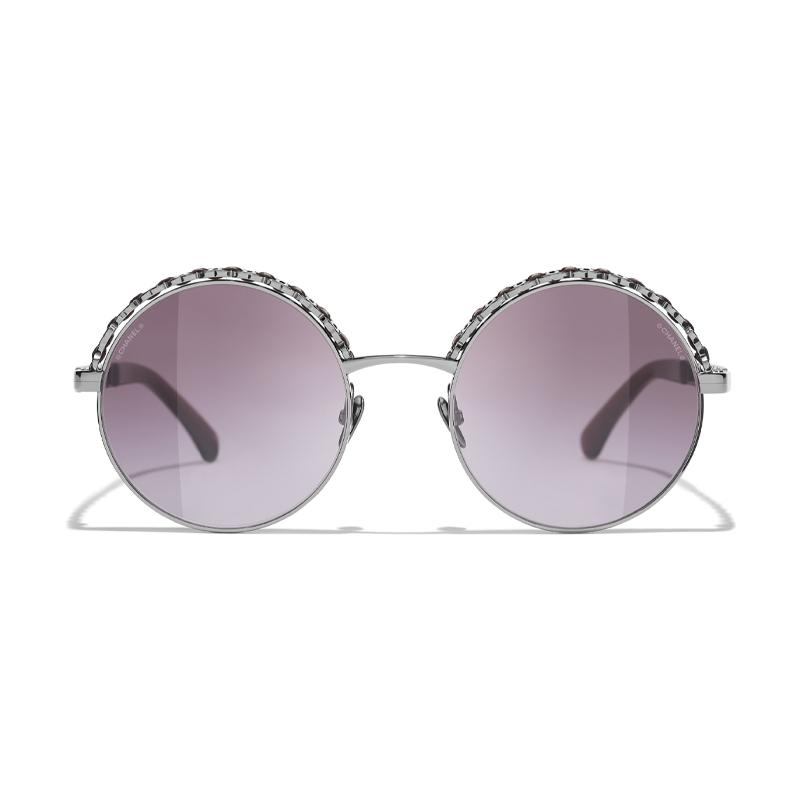 CHANEL round frame sunglasses dark silver and red red gradient lenses