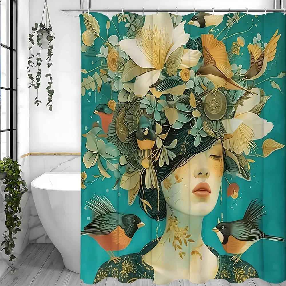 Abstract Art Flower and Bird Girl Design, Shower Curtain, Bathroom Decorative Shower Curtain, Waterproof Shower Curtain with Hoo