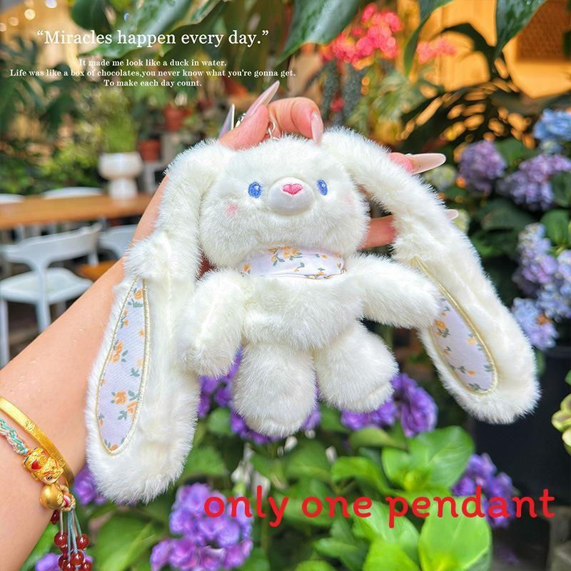Plush Fluffy Rabbit Pendant Keychain With Flower Design For Accessories Backpack