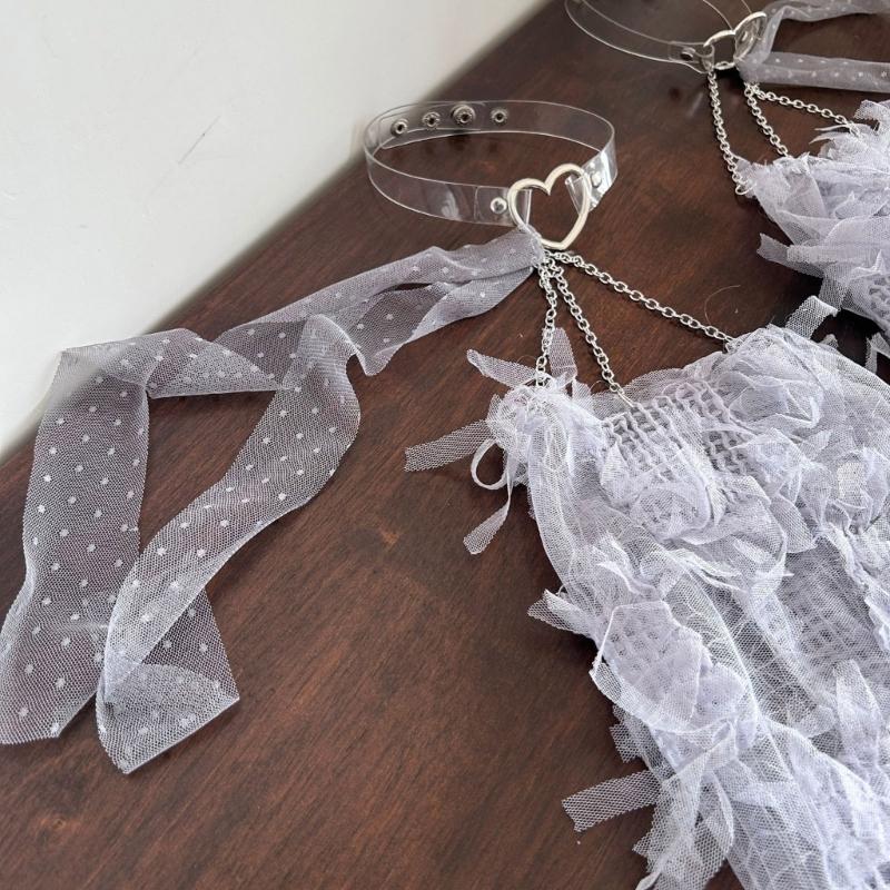 Women Lace Leg Warmers with Leg Loop Subculture Long Leg Socks Baggy Cuffs Ankle Heap Socks Mesh Flared Leg Sleeves