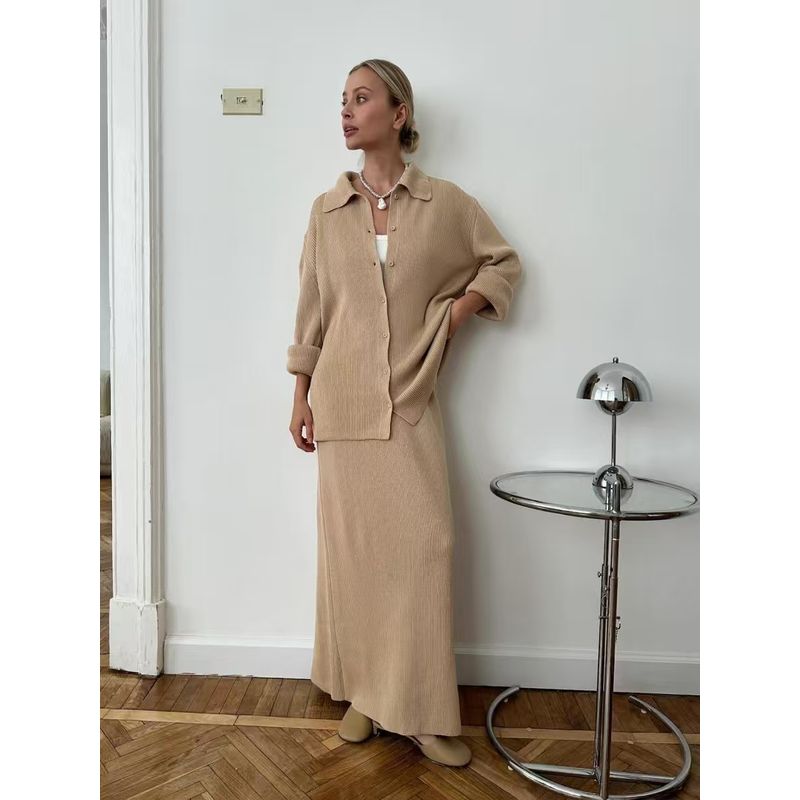 

Fashion Wind New Arrival Fashionable Knitted Cardigan Sweater Skirt Two-piece Set Sweater and Skirt Set Khaki S
