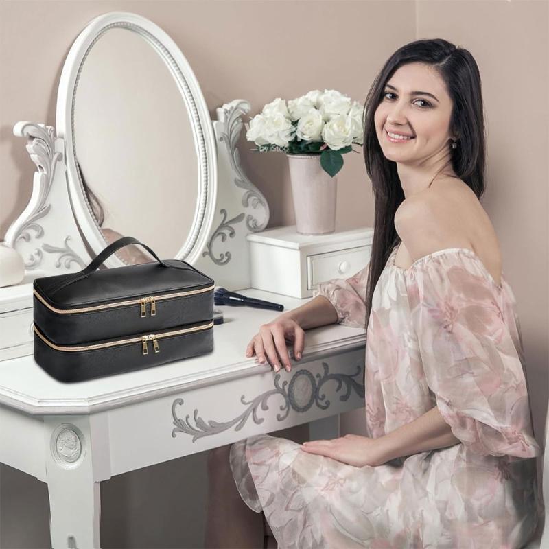 Travel Hair Dryer Carrying Handbag Double Layer Design Waterproof PU Storage Organiser Case Box for Daily Care Items