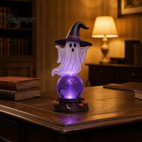 Gothic Home Decor Halloween Lighted Faux Crystal Ball Decor, Crow/Ghost/Bat/Owl on LED Ambient Light for Bedrooms Lamp with Tabletop Mantel
