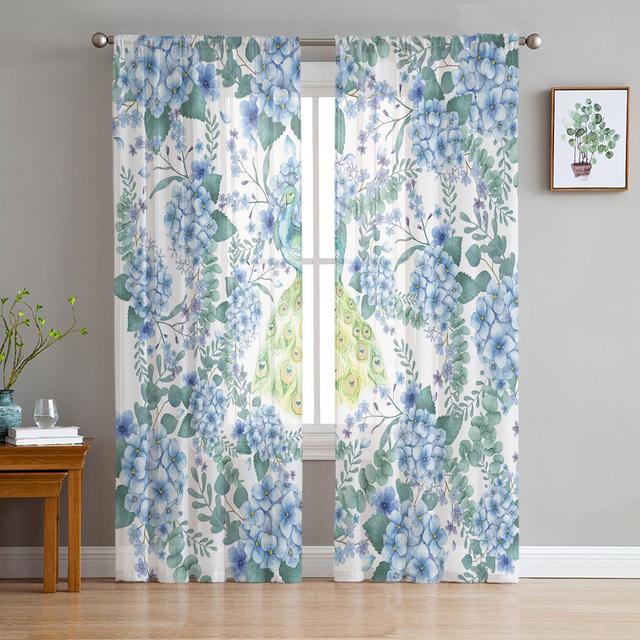 Peacock Feathers Green Curtain Window Tulle For Living Room Bedroom Kitchen Chiffon Sheer Window Treatment Decorations