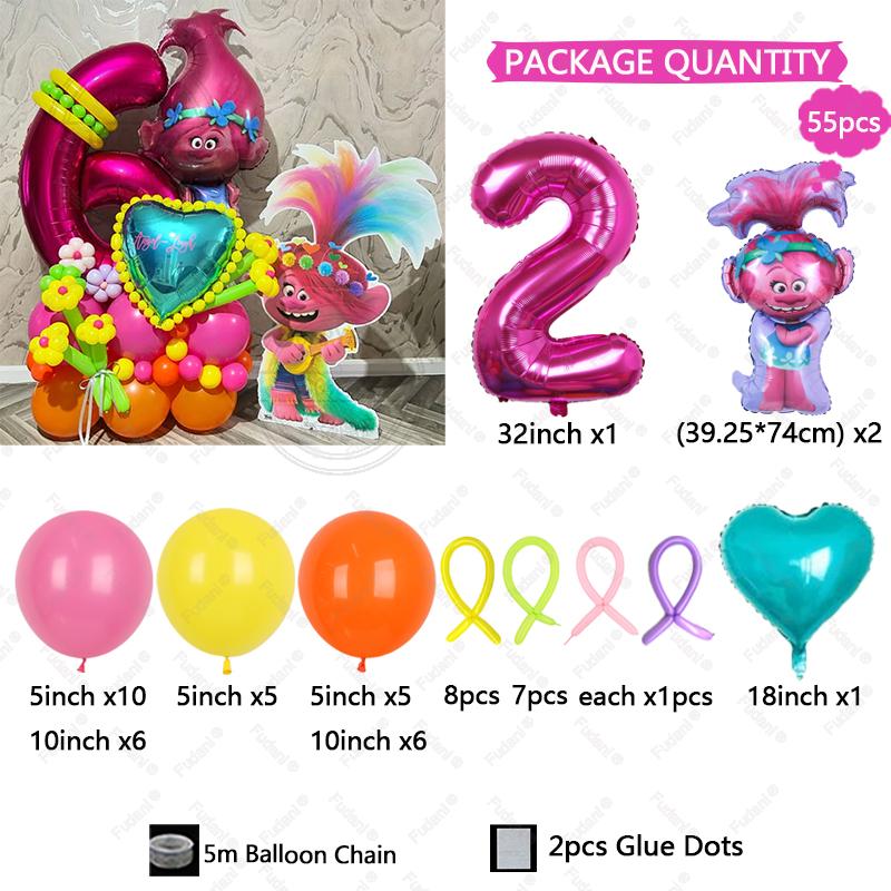 55pcs Troll Foil Helium Balloons Kit Birthday Magic Hair Theme Party Decorat Baby Shower Kids Toys Supplies Air Globlos Balloon