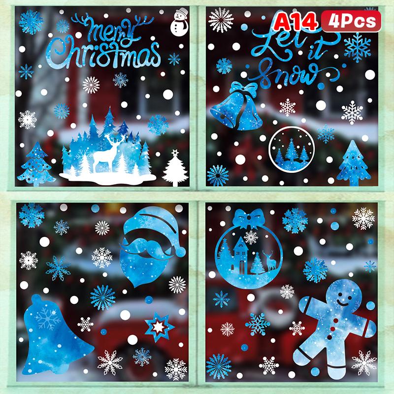 Weihnachtsfensteraufkleber Blauer Elch Statische Aufkleber Schneemann Schneeflocke Wandaufkleber Abziehbilder Frohe Weihnachten Feiertagsparty Aufkleber