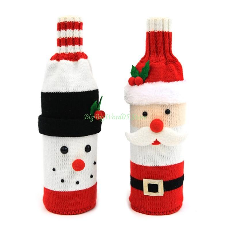 24TE Couvre-bouteille de vin de Noël Décorations de Joyeux Noël Tricot Père Noël Bonhomme de neige Sac Cadeau Bonbon pour la Maison Nouvel An