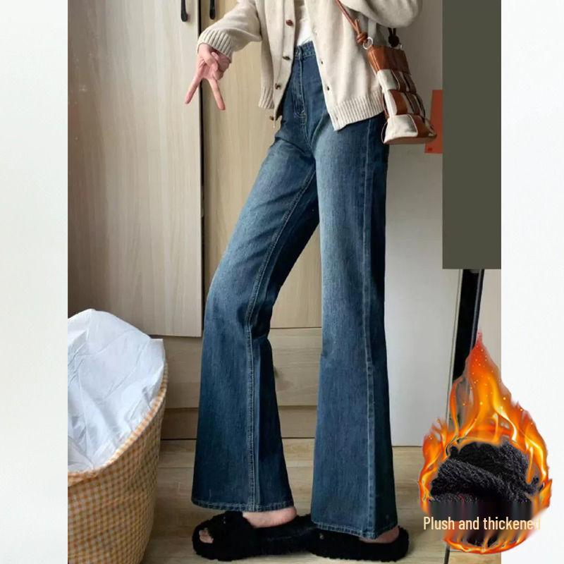 

Джинсы клеш с высокой посадкой, в стиле ретро, синие, на флисовой подкладке для женщин - Свободный стиль с широкими штанинами для осени/зимы 2025 2XL синий
