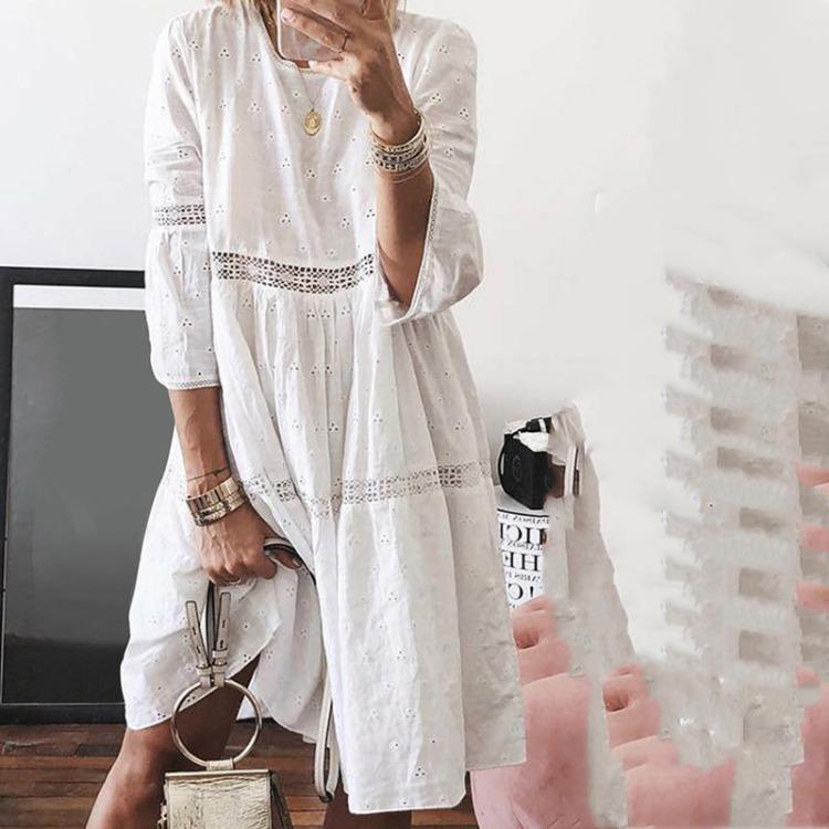 

Boho Hollow Out Women Dresses Solid Neck Splice Sleeve Mid-Long Dress S