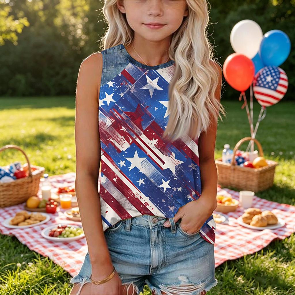 Sleeveless Loose Fit Tank Top for Women Floral Print Round Neck Casual Summer Blouse Denim Patchwork Detail Comfortable Fit