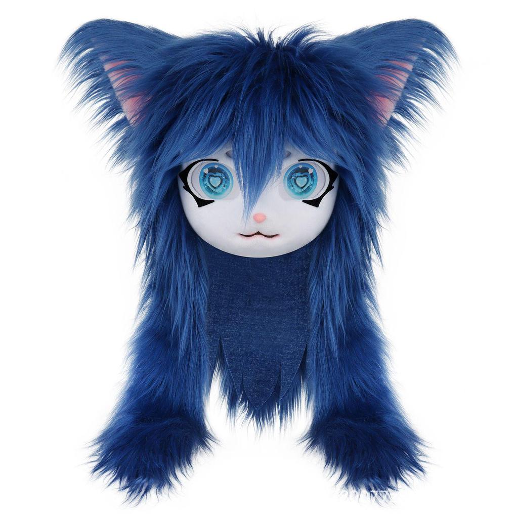 Fursuit Kig Testa di Gatto Peluche Fatto a Mano Maschera di Animale Peluche Carina Copricapo Cosplay Peloso Con Orecchie di Gatto Per Comic Con Festa Costume