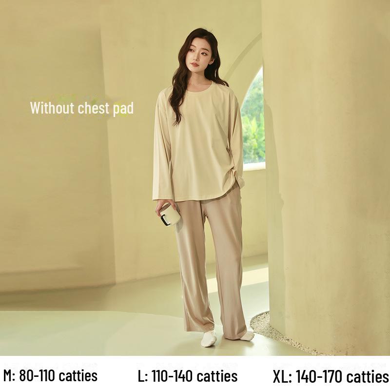 Women's Pure Cotton Long-Sleeve Pajama Set with Chest Pads - Large Size, Spring/Autumn 2025