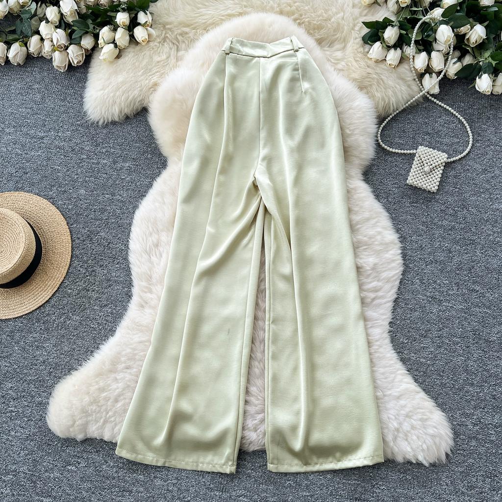 Summer Women Casual Smooth Satin High Waist Pant Trouser with Pocket for Girls