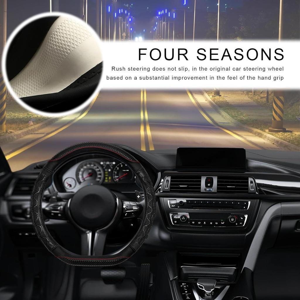 Car Steering Wheel Cover, 15 Inches Leather Comfy Grip Steering Wheel Protector with 3D Honeycomb, Anti-Slip D-Shaped Wheel Wrap Cover for Most