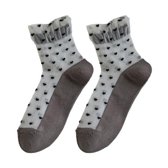Women's Mesh Sheer Socks Heart Print Ruffle Ankle Socks Summer Ultra Thin