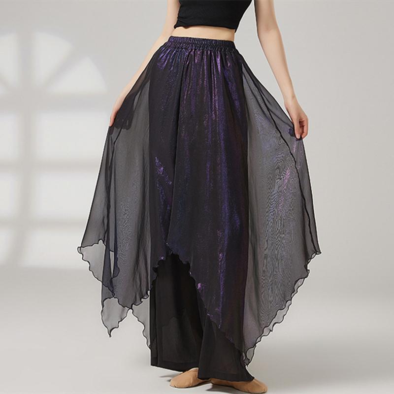 Classical Dance Dress Pants Women Double Layers Loose Trouser Practice Costume Spliced Shiny Chiffon Skirt Performance Dancewear