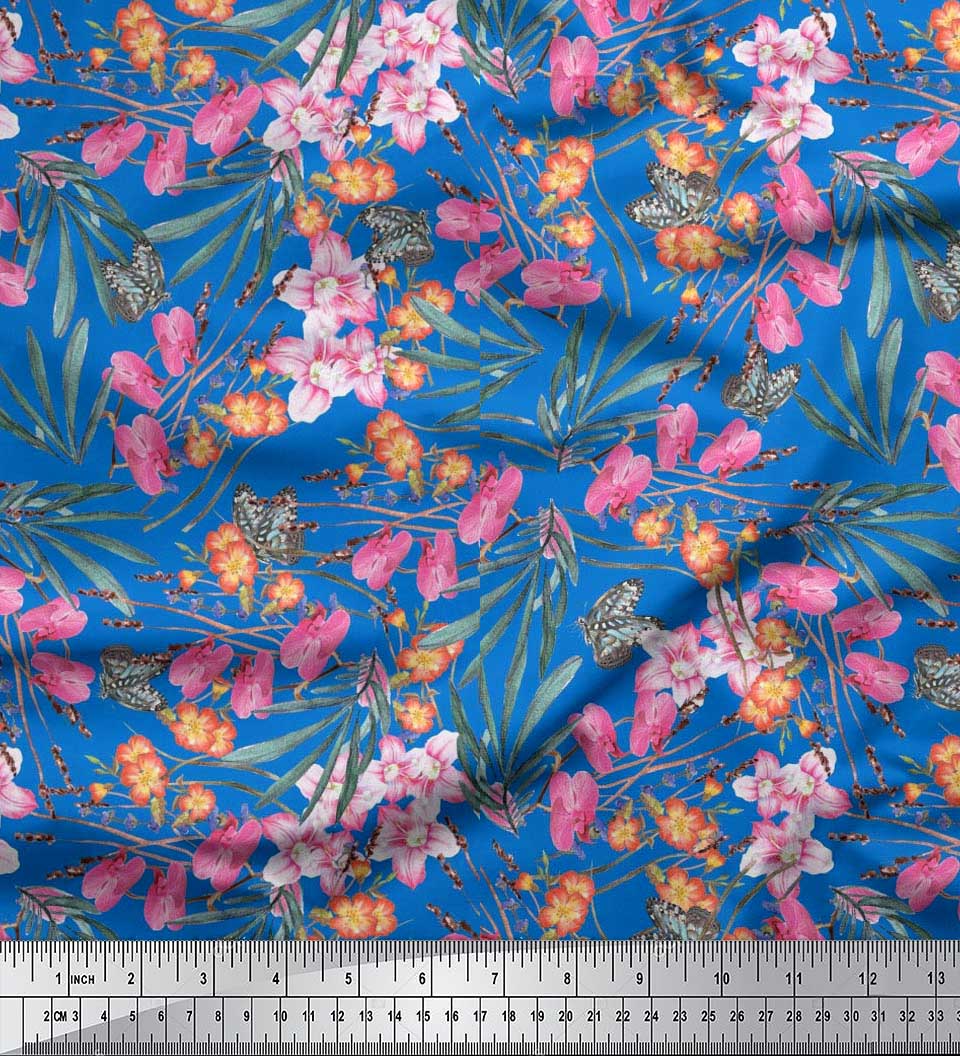 

Японська креп-сатин Soimoi Тканина з метеликами та орхідеями з квітковим принтом на метри 42 дюйми 42 Inch Wide - Poly Crepe синій