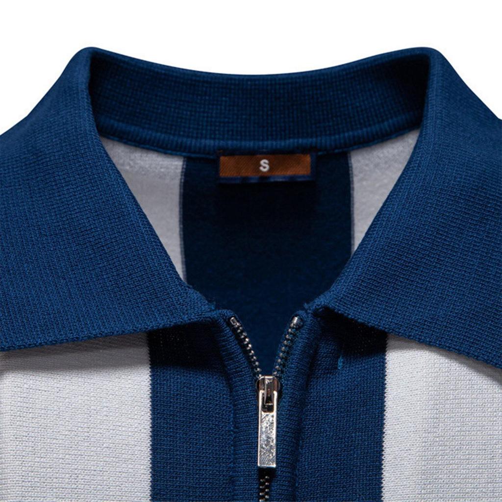 Men's Summer Stripe Knitted Zipper Lapel Short Sleeve Top Men's Casual Fashion Shirt