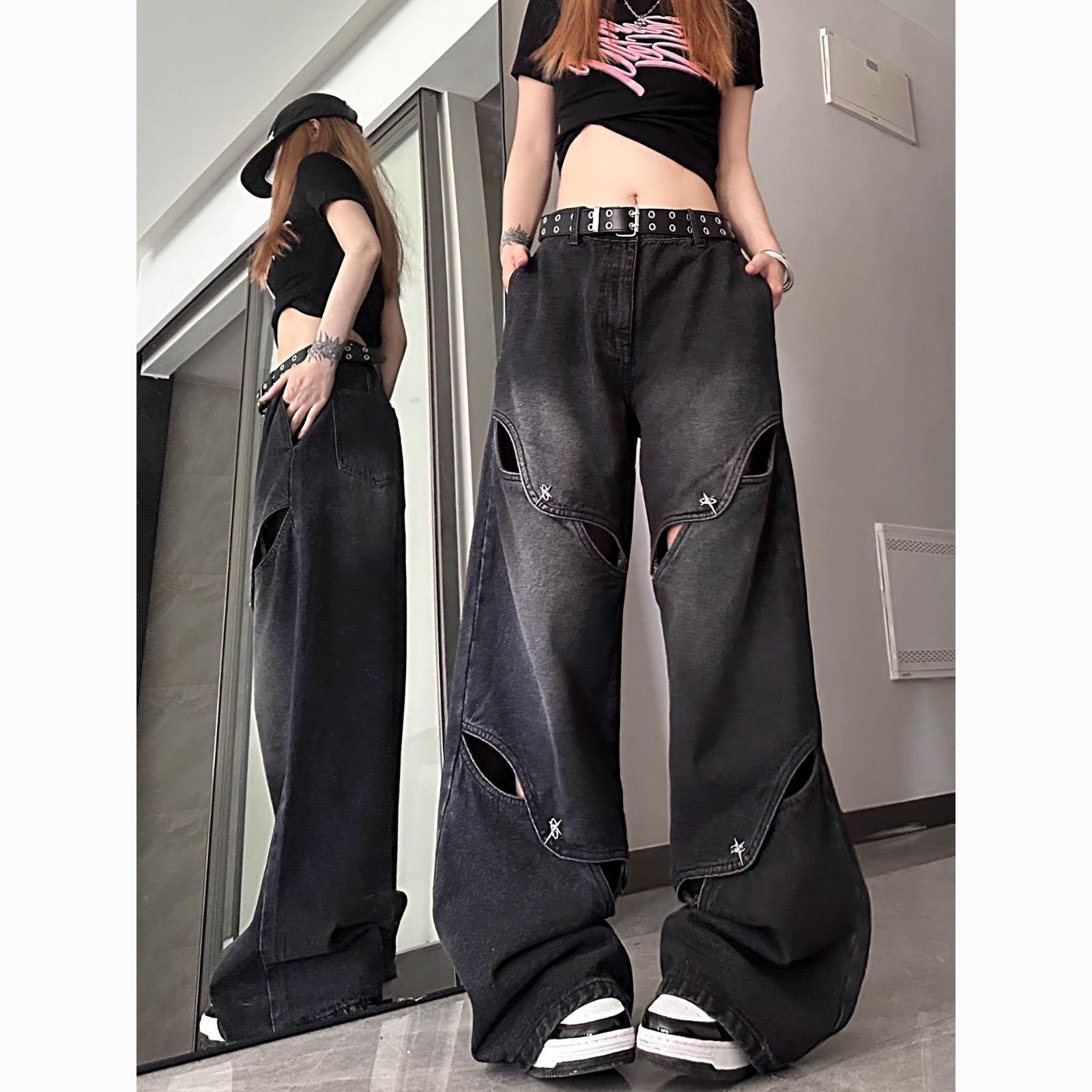 

Весенние женские модные повседневные полые широкие джинсы с высокой талией XS чёрный