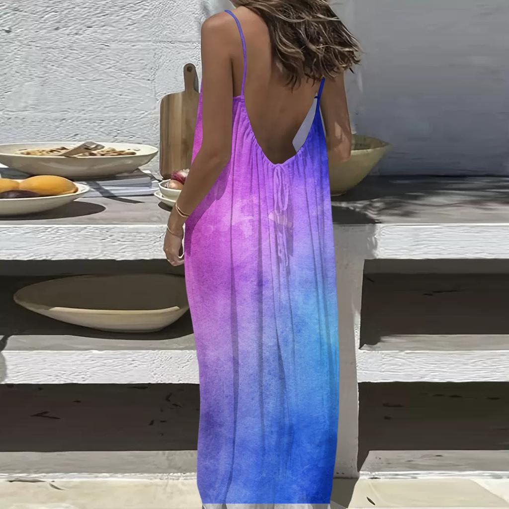 Dámské Módní Ležérní Volné Šaty s Květinovým Potiskem a Úzkými Ramínky Bez Zad