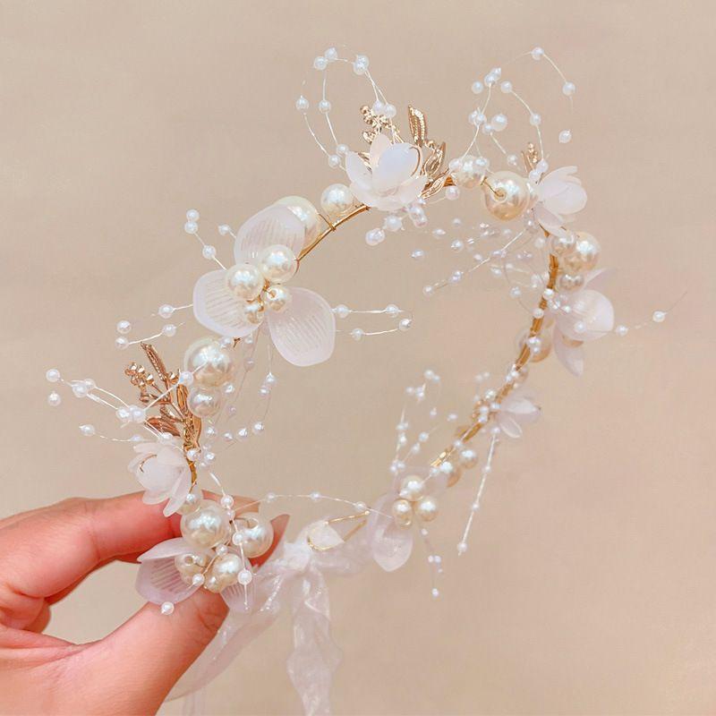 Kids Princess Hair Crown Floral Headband Aesthetic Cute Faux Pearl Flower Photography Headwear for Baby Toddler Flower Girl