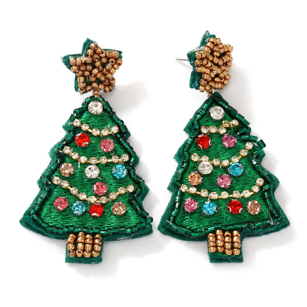 

Handmade Green Seed Bead Christmas Tree Earrings - Festive Holiday Dangles