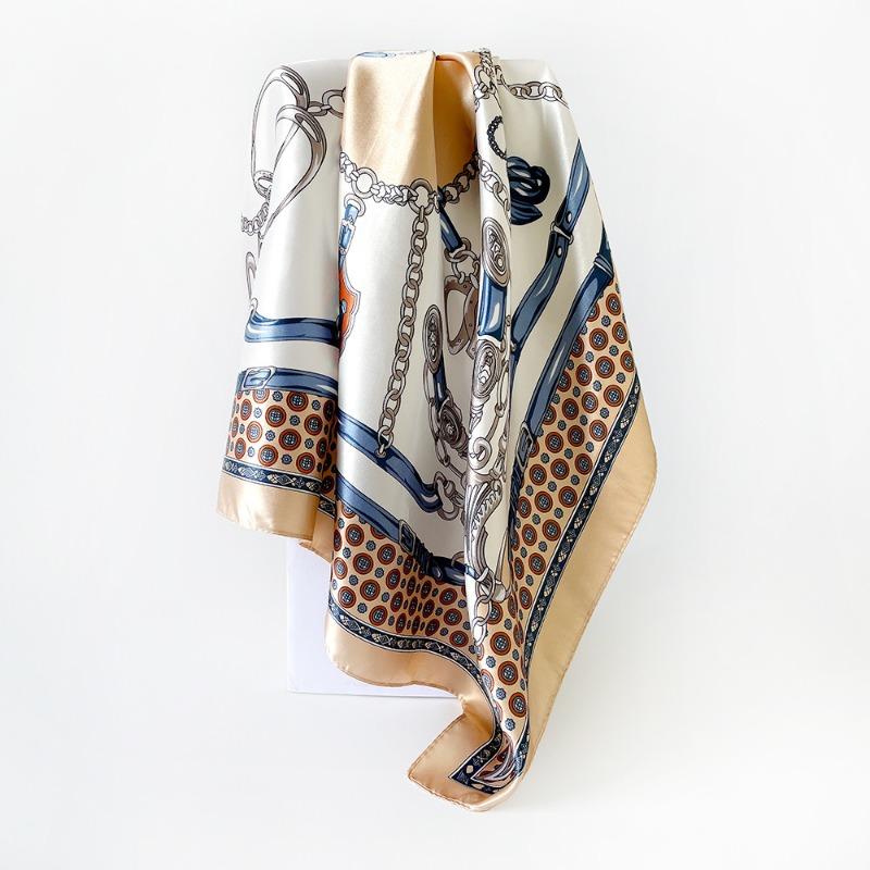 Versatile chain 90cm silk scarf square scarf high-end women's shawl retro printing satin bag headscarf