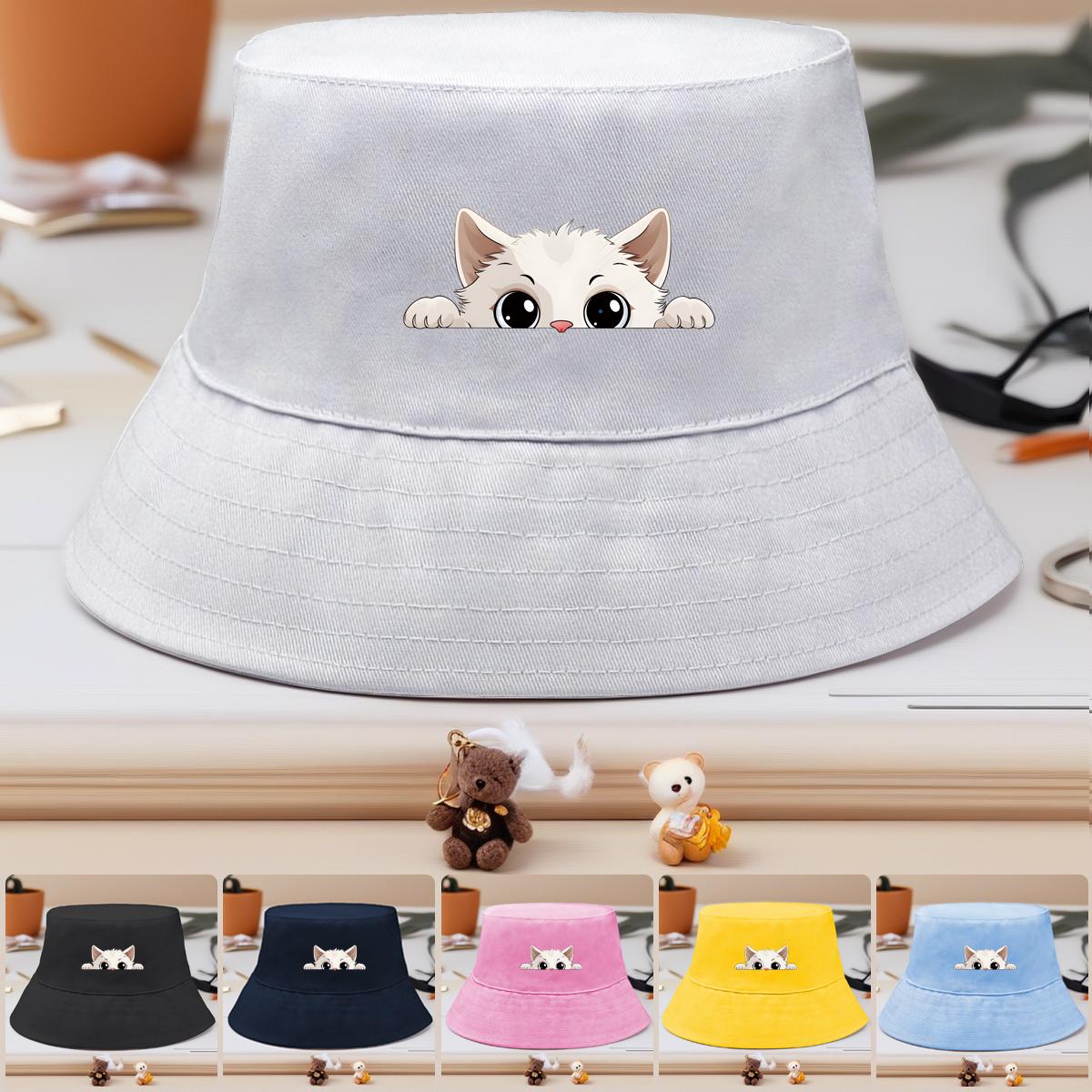 

Bucket Hat With White Cat Print , Cartoon Pet Fisherman Hat Spring Lightweight Foldable Beach Hat as the picture рожевий