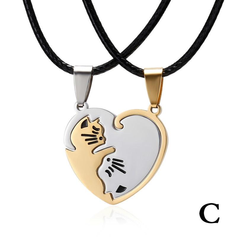 1 Pair Splice Cat Couple Necklace Stainless Steel Love Heart Round Pendant Necklace Valentine's Day