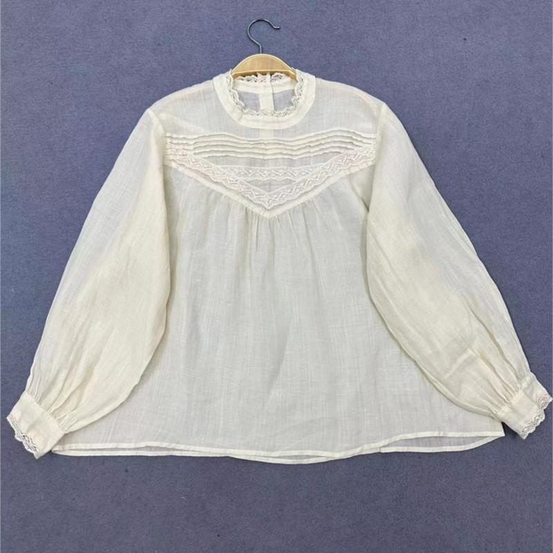 Johnature Japanese Lace Spliced Pleated Top Loose Casual Autumn Thin Long-sleeve Blouses For Women