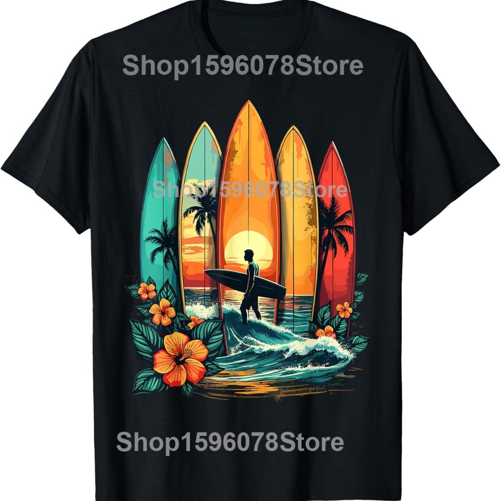 Surfboard Vintage Surfing Surfers Wave  Lover Beach T Shirts Men Streetwear Tee Short Sleeve Unisex Loose Clothing
