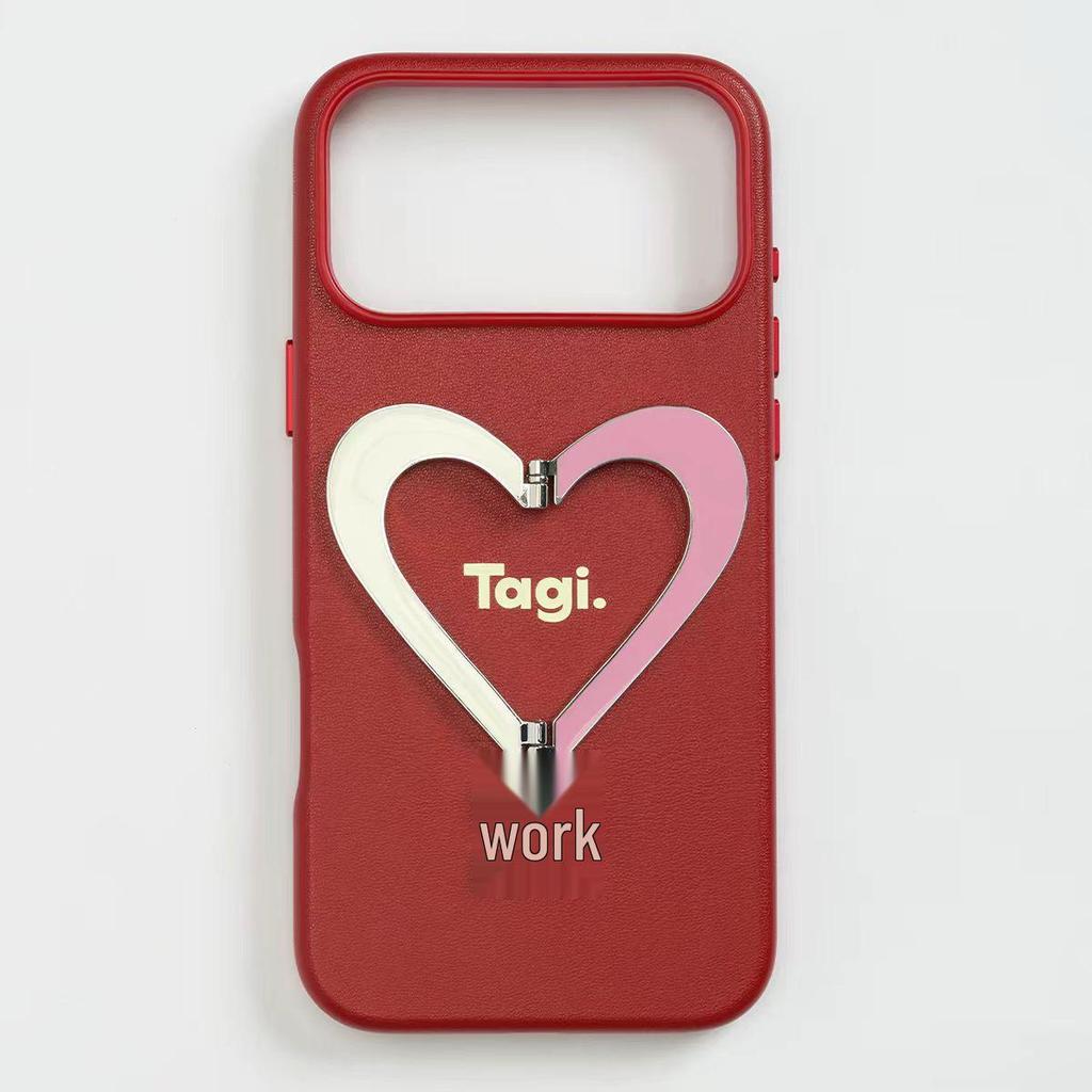 Heart-Shaped Leather Phone Case with Metal Bracket for iPhone 16 Pro Max - Tags That Make You Happy