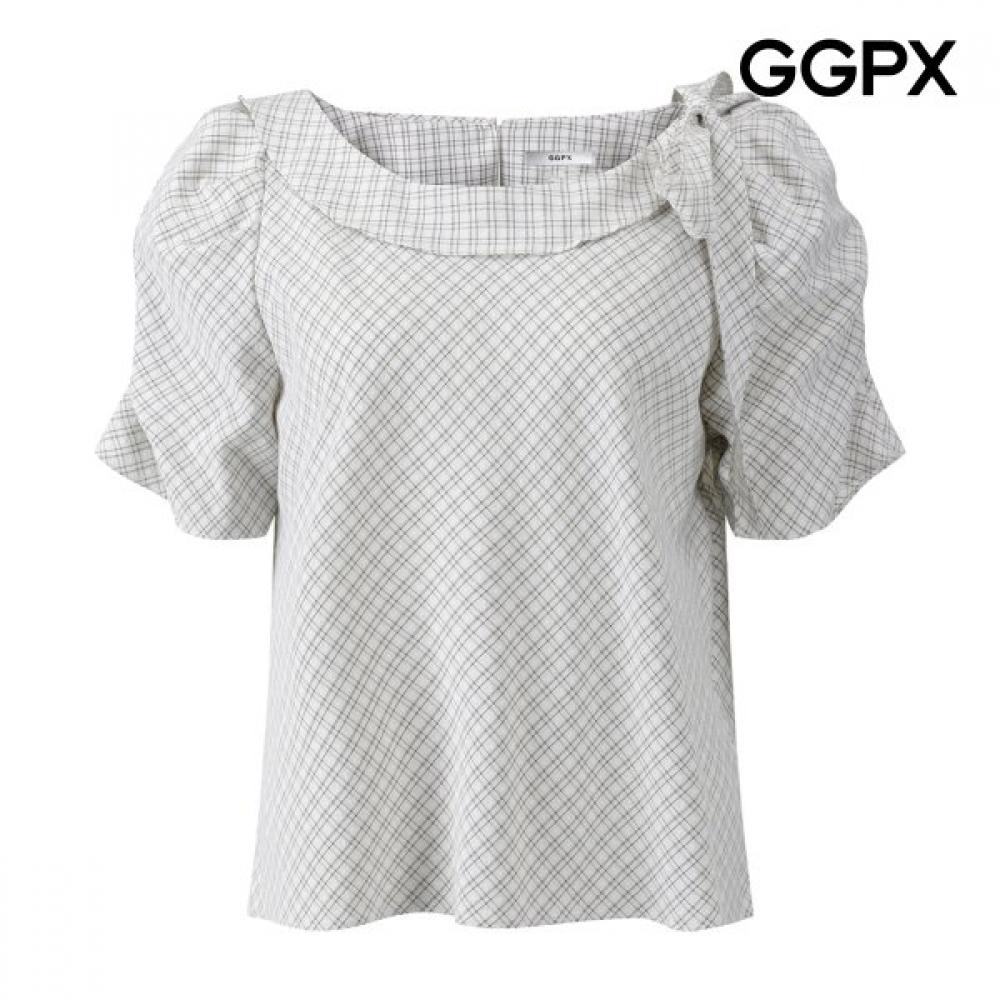 Ggpx New York Round Collar Ribbon Neck Check Shirring Blouse Gq3sh041f charcoal/F
