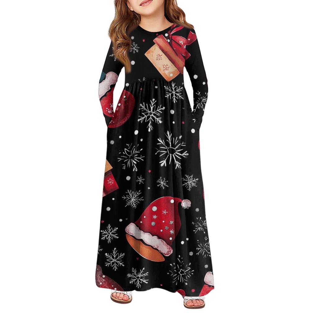 Girls' Maxi Dress - Long Sleeve Pocket Dress Christmas Day