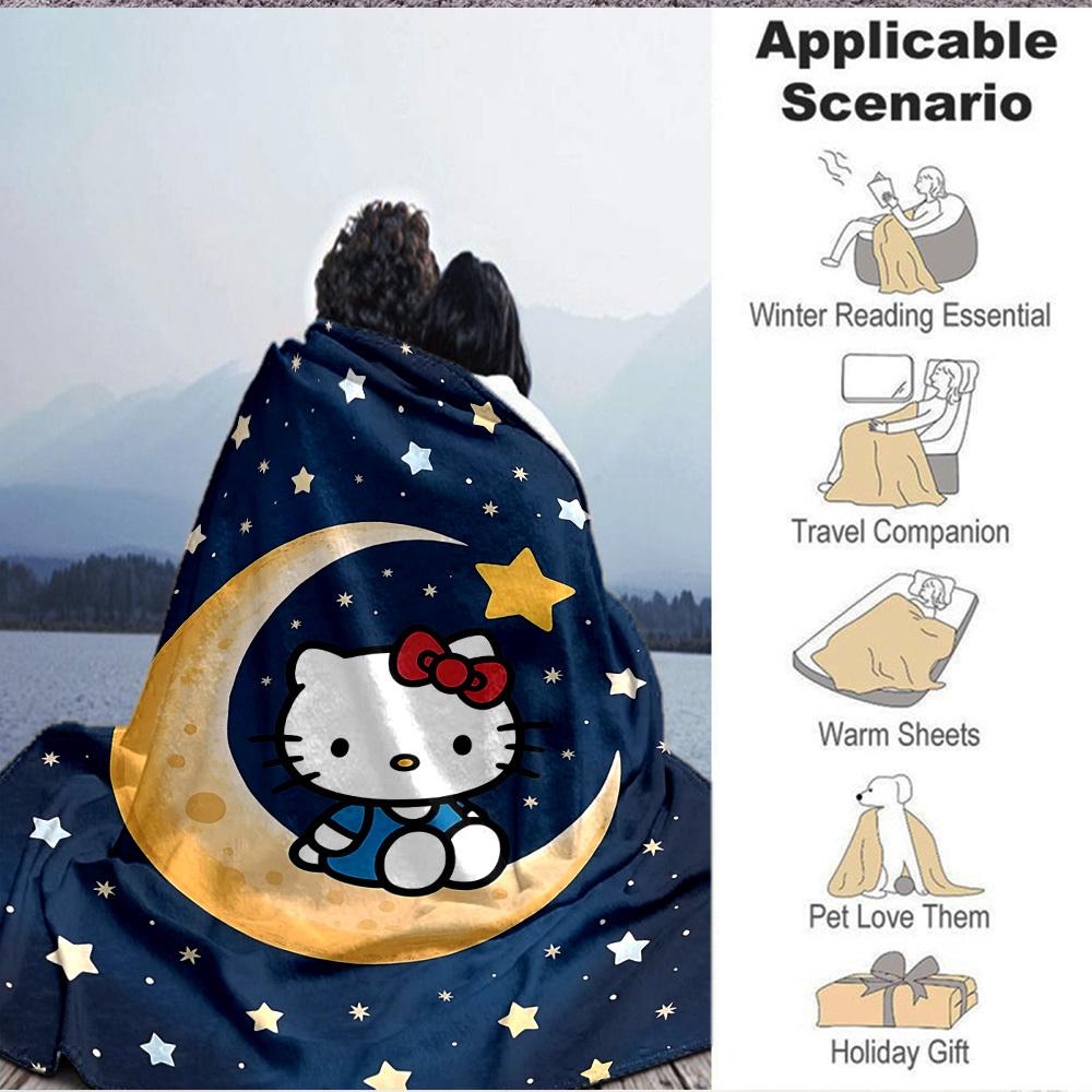 1 Stück Mond Sterne Hello Kitty Gemütliche Druckdecke Leichte Warme Flanelldecke für Sofa, Bett, Wohnzimmer