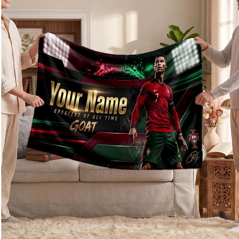 Coperta Personalizzata in Pile Cristiano Ronaldo con Logo Calcio, Testo Nome Personalizzato Morbida Calda Coperta da Divano per la Casa