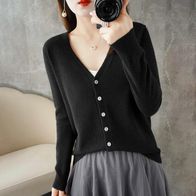 Women's V-neck Knitted Cardigan - Long-Sleeve All-Season Outerwear Sweater