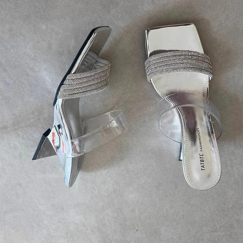 2025 summer new open-toe slippers fashion outerwear temperament square head sexy rhinestone with thick heel sandals high heels