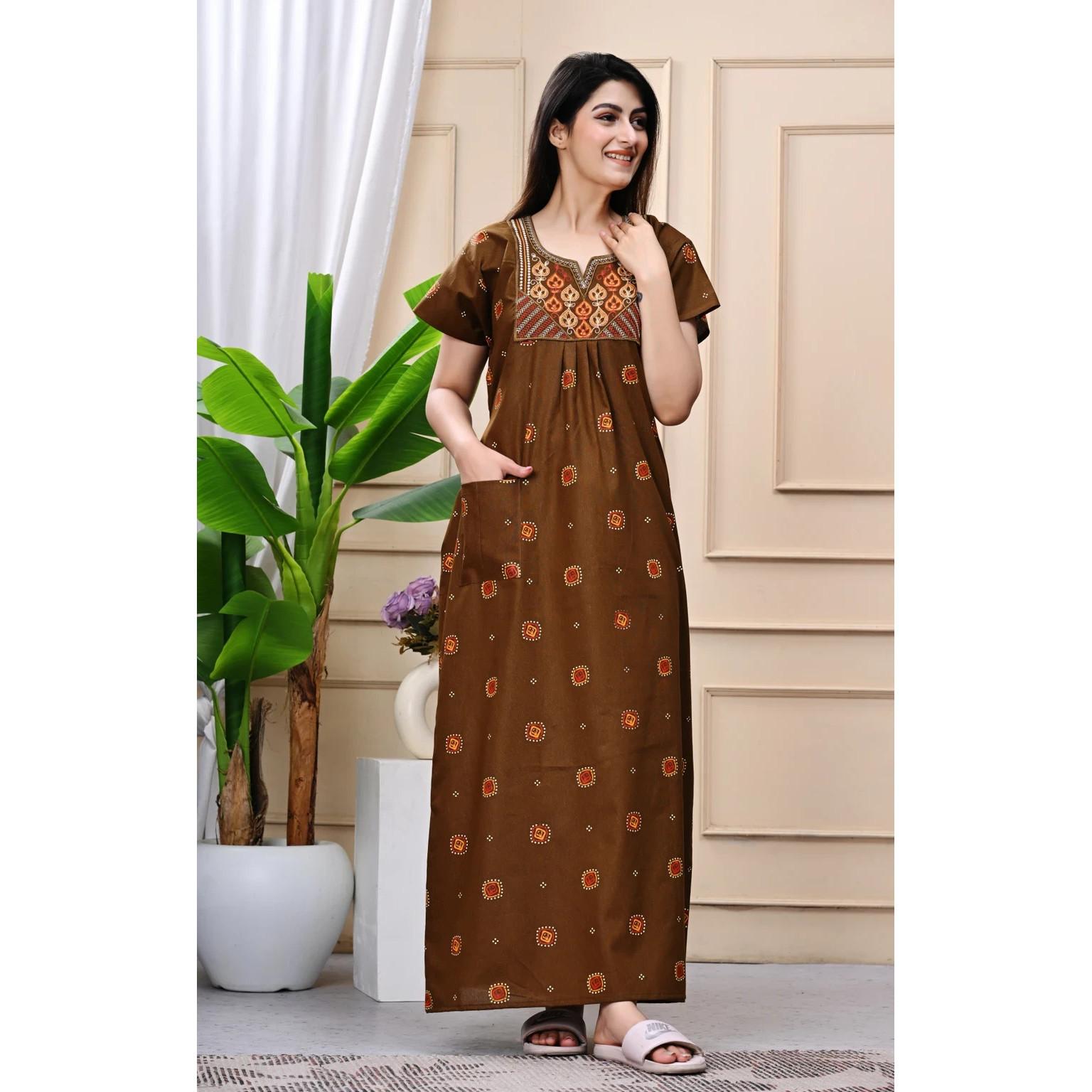 

Cotton Beautiful Printed Sleepwear Gown Indian Women Casual Wear Nighty Dress Free