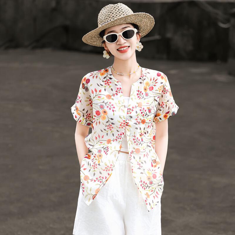 Lanse er Women s Floral Print Tencel Lyocell Short Sleeve Blouse M