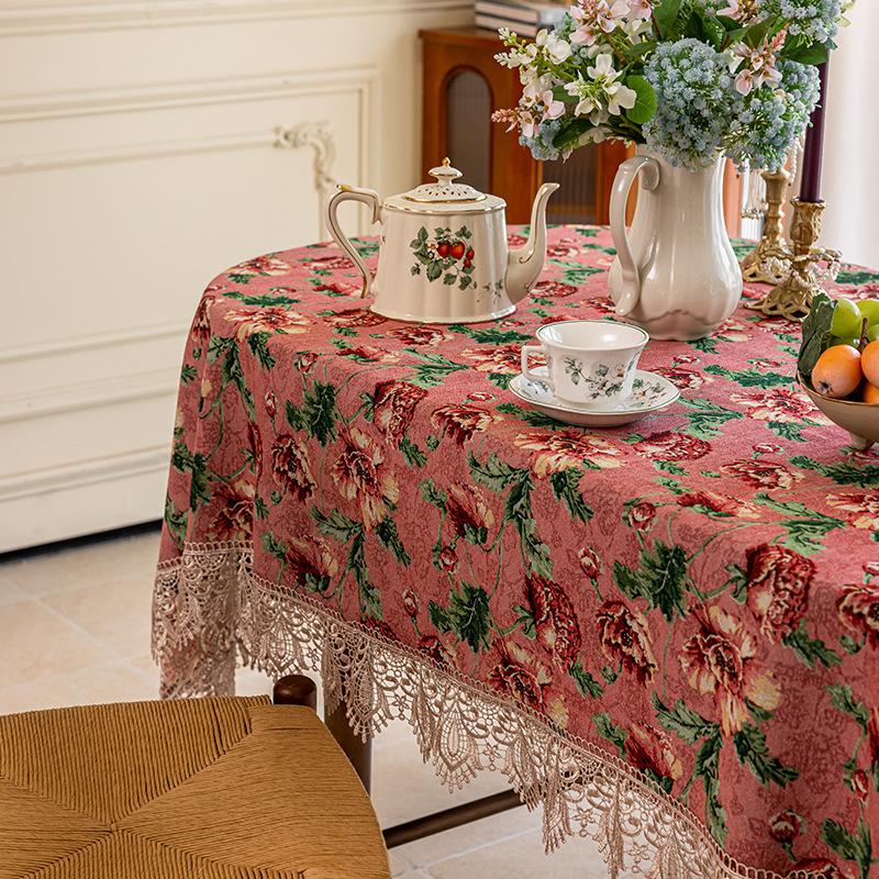 Tablecloth Rectangle Lace Fringed Tablecloth Red Light Luxury High-end American Style Living Room Coffee Table Tablecloth