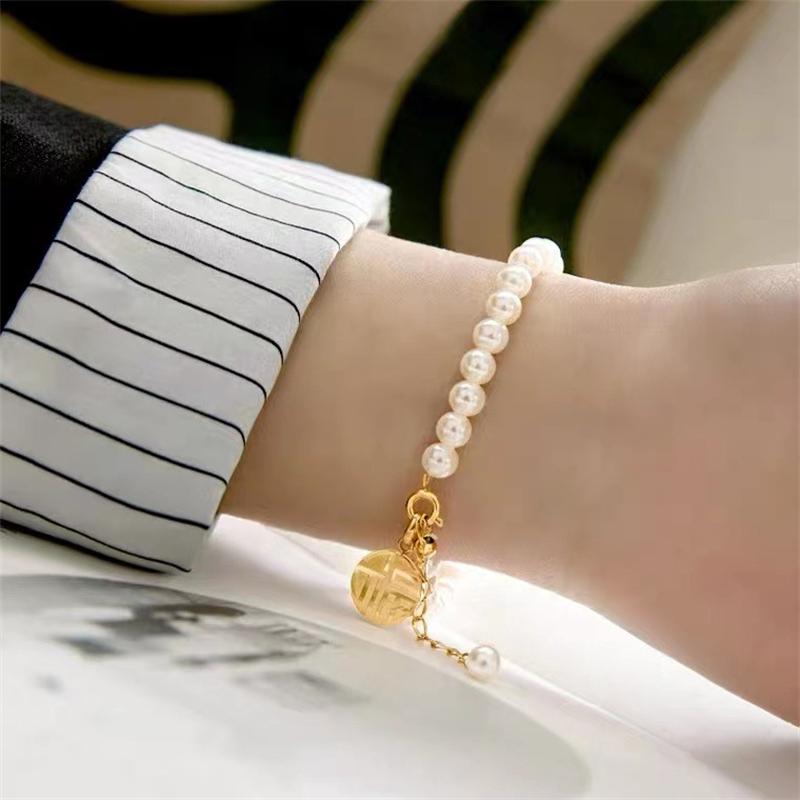 New Chinese Style Lucky Letters Tag Pearl Bracelet for Women High Fashion Female Luxury Wedding Jewelry Ladies Hand Accessories