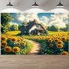 2D Plane, Sunflower Field and Cottage Background Fabric, Realistic Rural Scenery, Suitable for Parties, Polyester Fiber