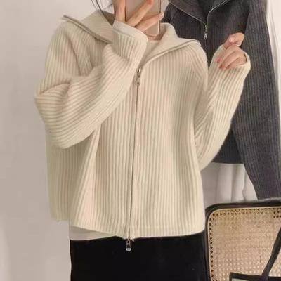 Women's Autumn and Winter Loose Lapel Double Zip Knitted Cardigan Sweater