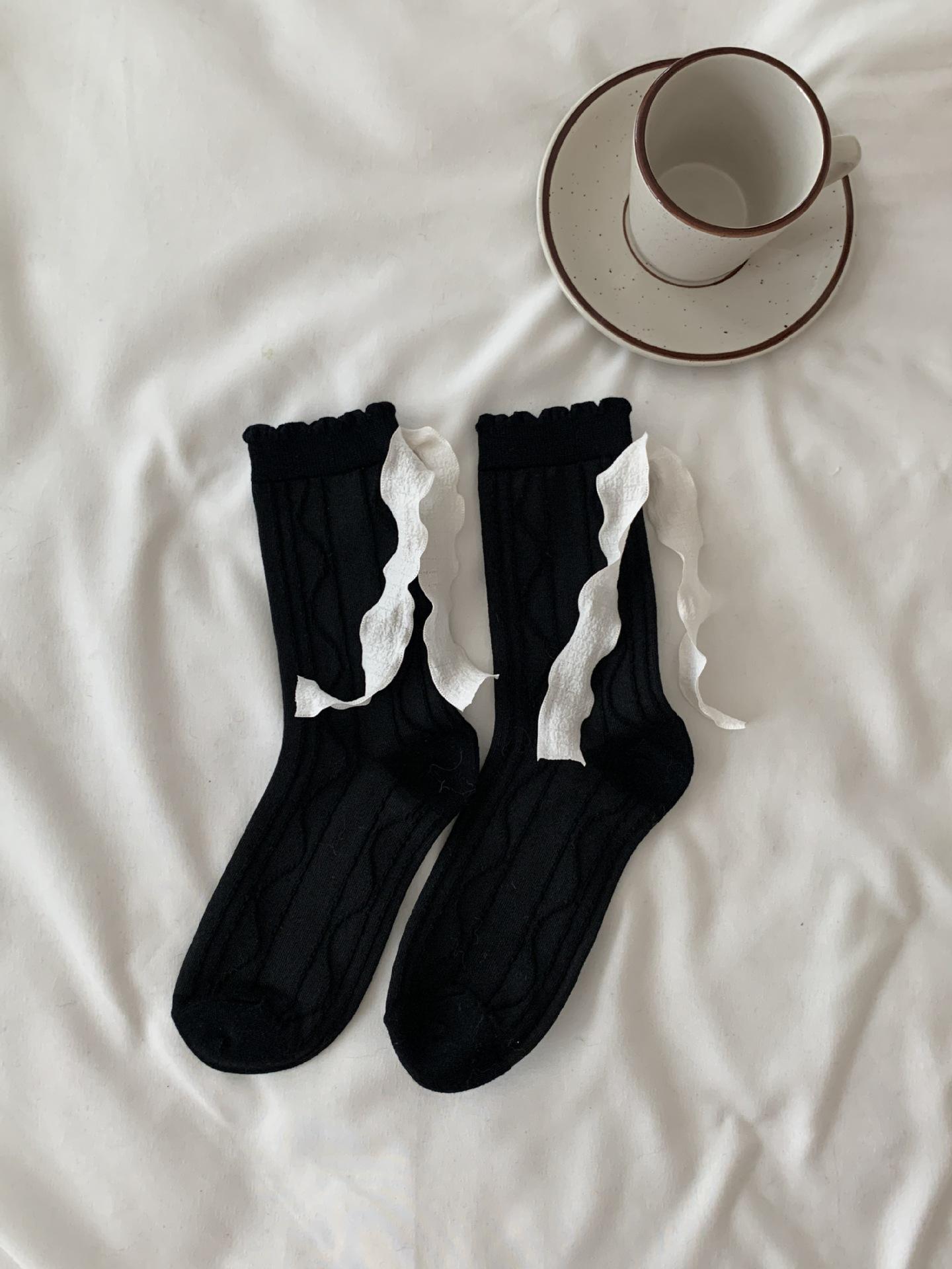 

Женские вязаные косами гольфы до середины икры с лентами - Милый принцессный стиль, длинные хлопковые кружевные носки с присборкой для осени/зимы One Size