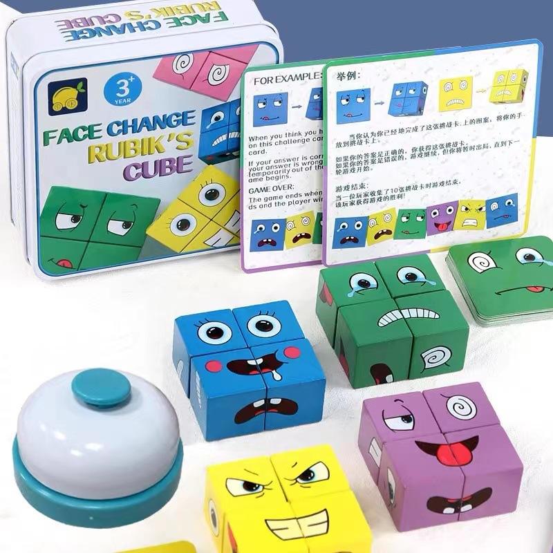 Face-Changing Rubik'S Cube Expression Building Block Puzzle Children'S Puzzle Early Education Kindergarten Parent-Child Interactive Game Wooden Toy