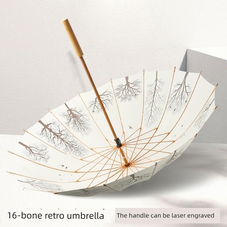 Artistic Retro Wooden Handle Straight Umbrella, Long Handle Umbrella for Both Rain and Sun, Advertising Umbrella with Logo Customization , In-Stock